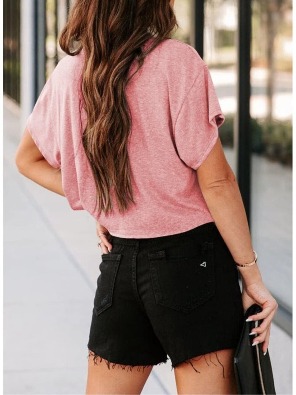 Women's Pink Short Sleeve Crew Neck Loose Casual Drop Shoulder Crop Tops - Picture 3 of 4